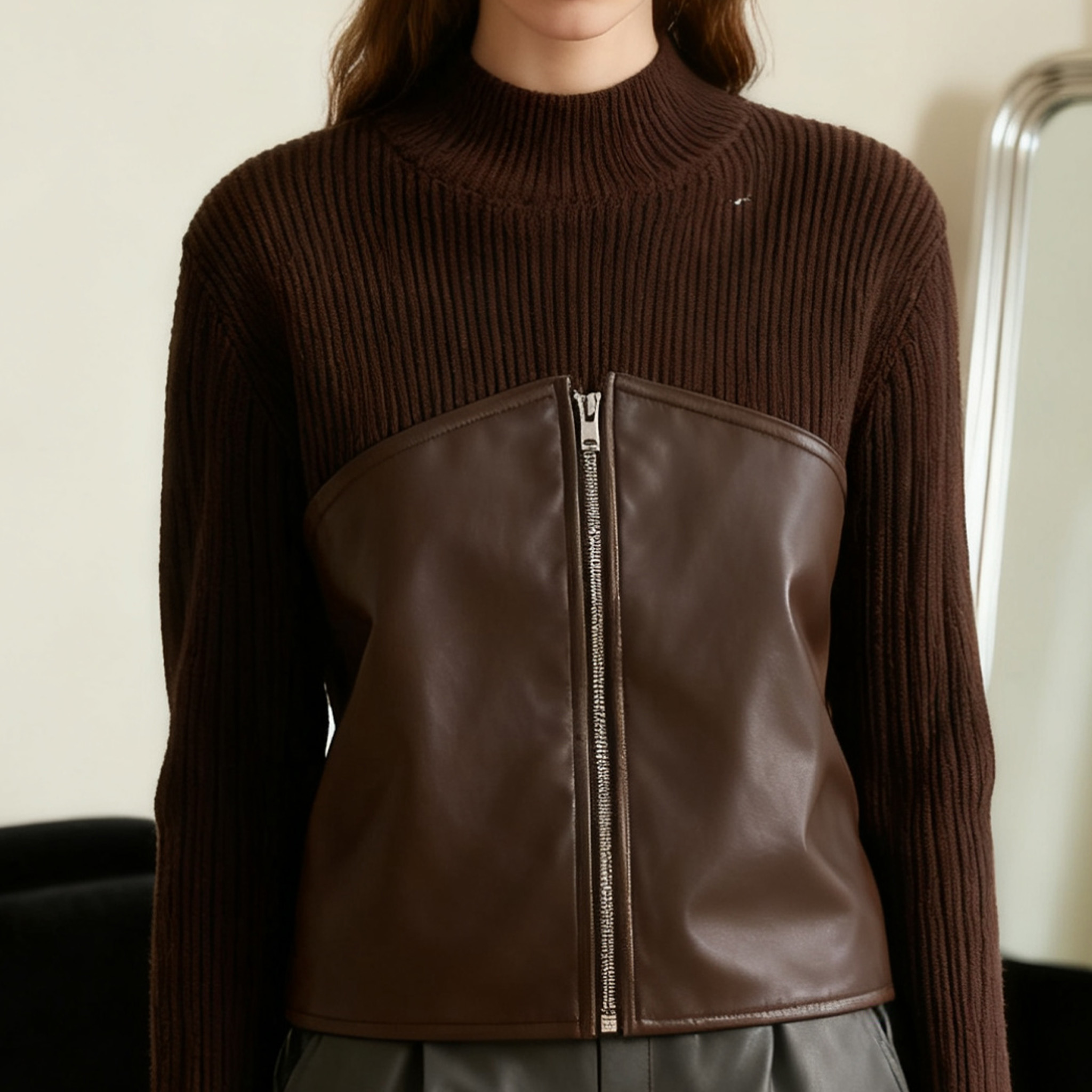 여성용 가죽 포인트 니트