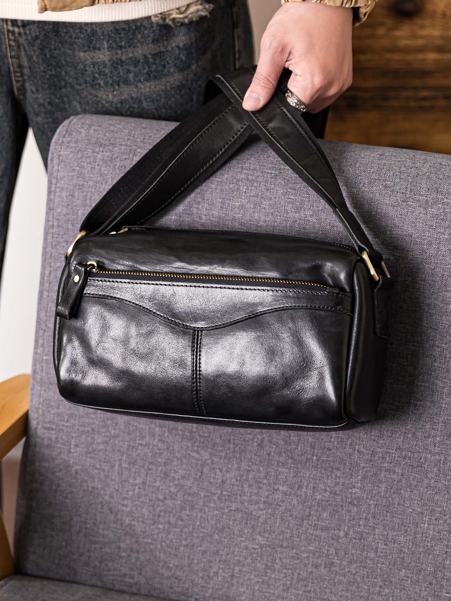 原創手工擦色復古單肩斜背包1565G號