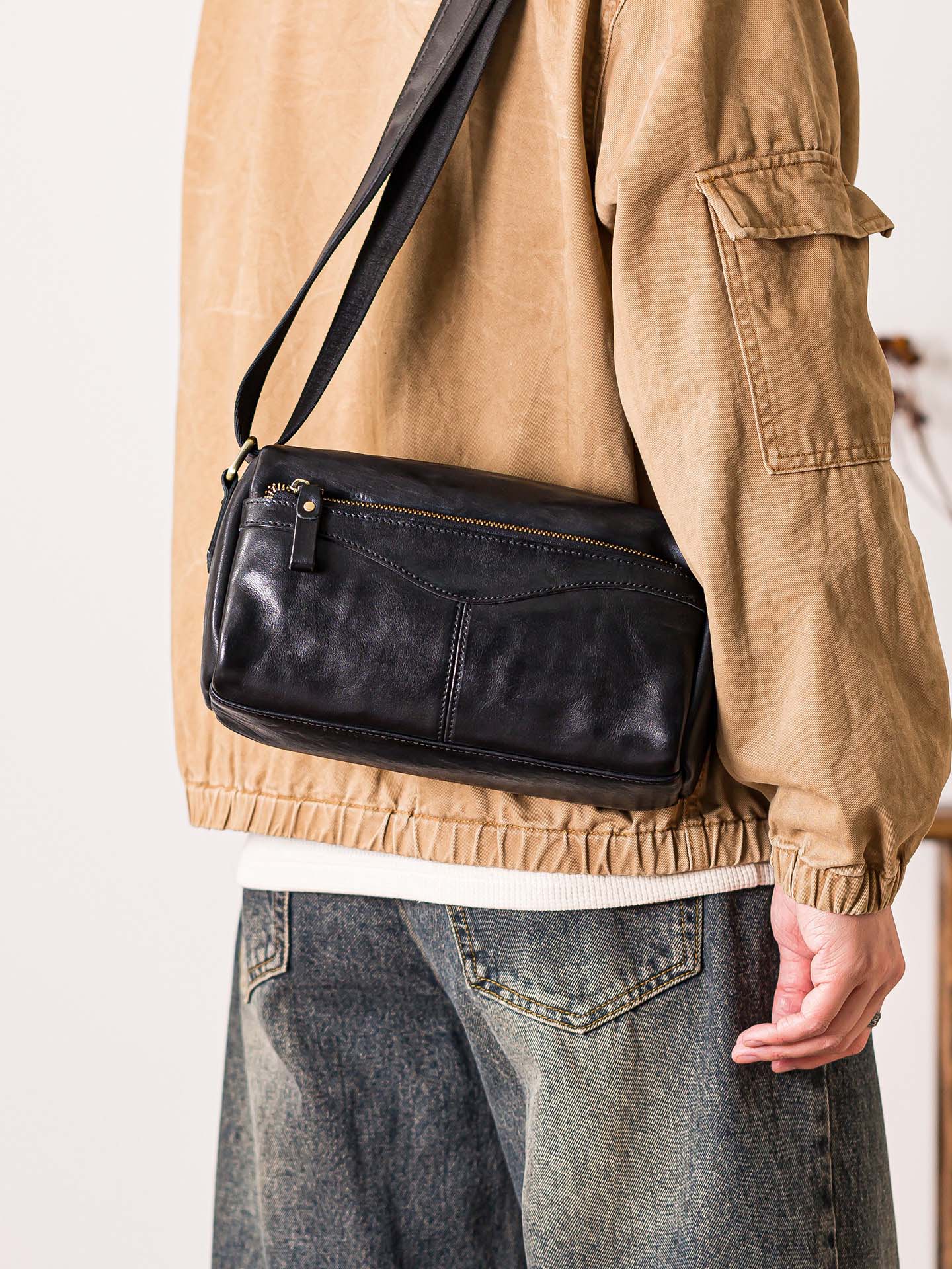 原創手工擦色復古單肩斜背包1565G號