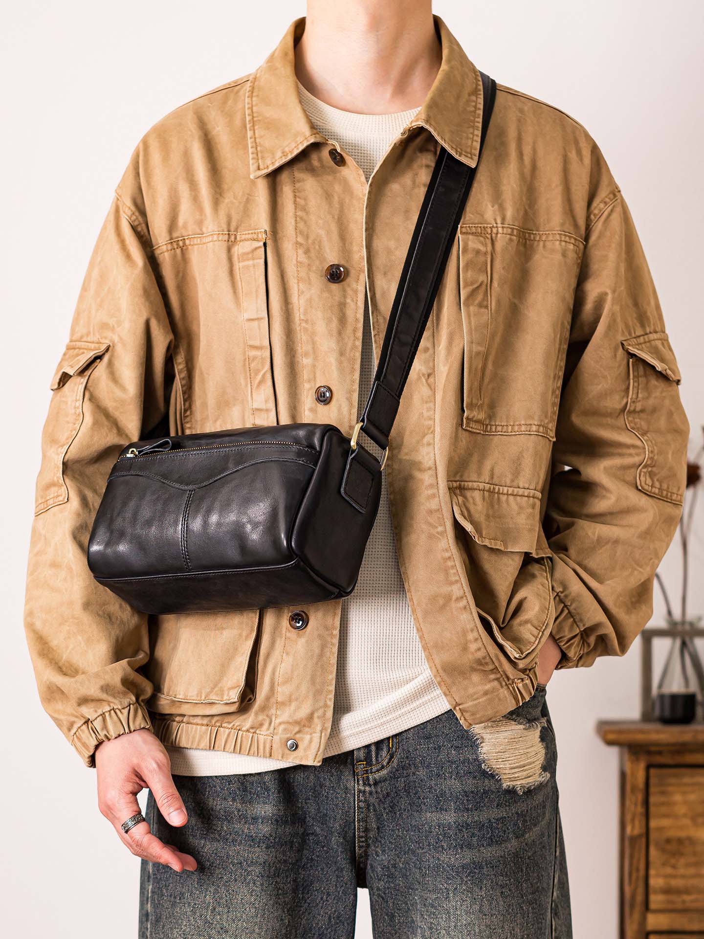 原創手工擦色復古單肩斜背包1565G號