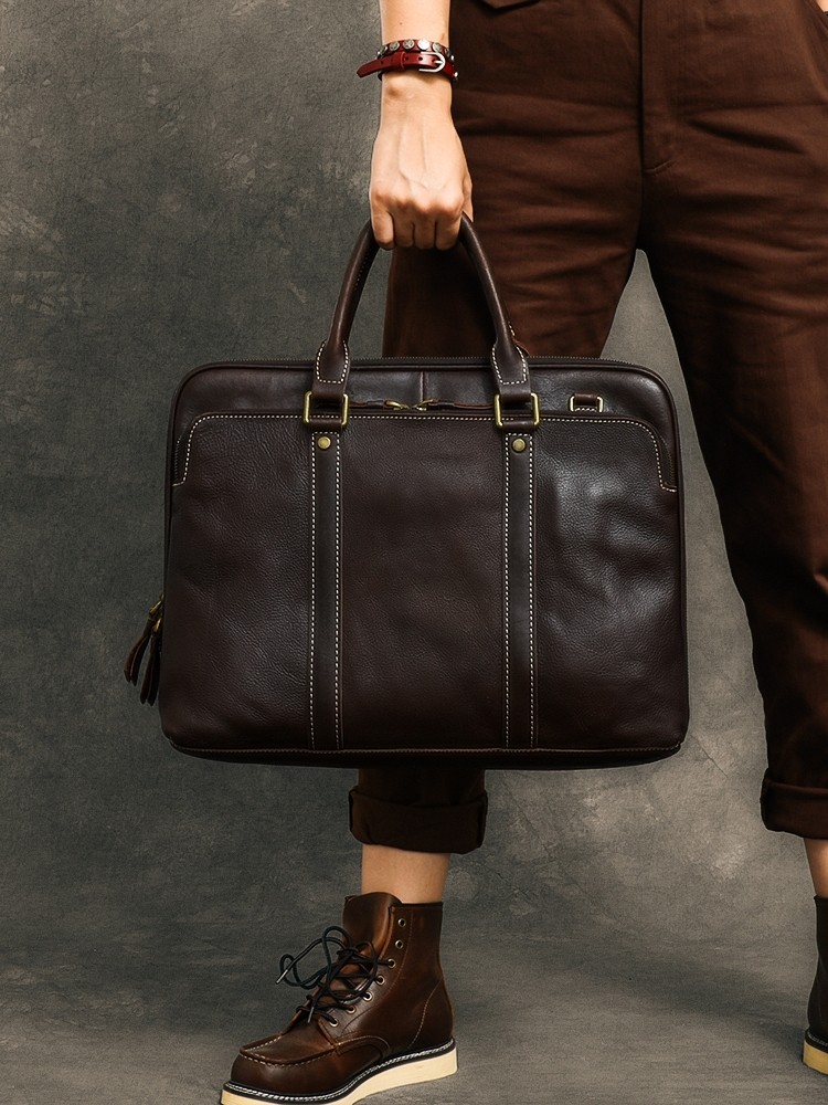 DEEPKEE 5196 號牛皮手提公文包｜復古手工 15 吋橫款 商務男士電腦包高檔真皮款