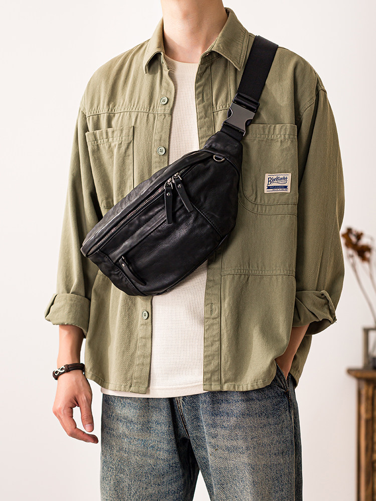 DEEPKEE真皮胸包男ins個性斜背百搭2401號