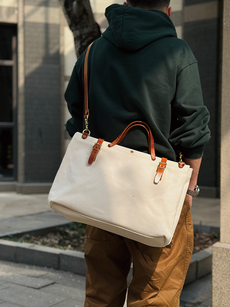 DEEPKEE美式復古重磅帆布包手工加厚Vintage拼皮托特包6560號