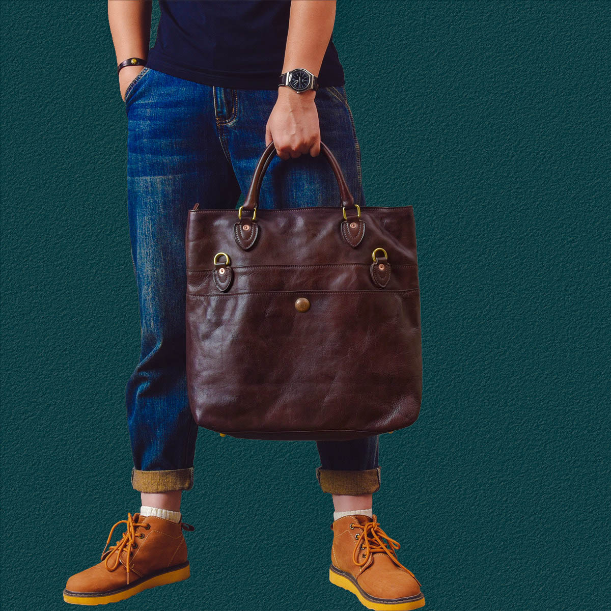 日系男士卡其風牛皮托特包2417號