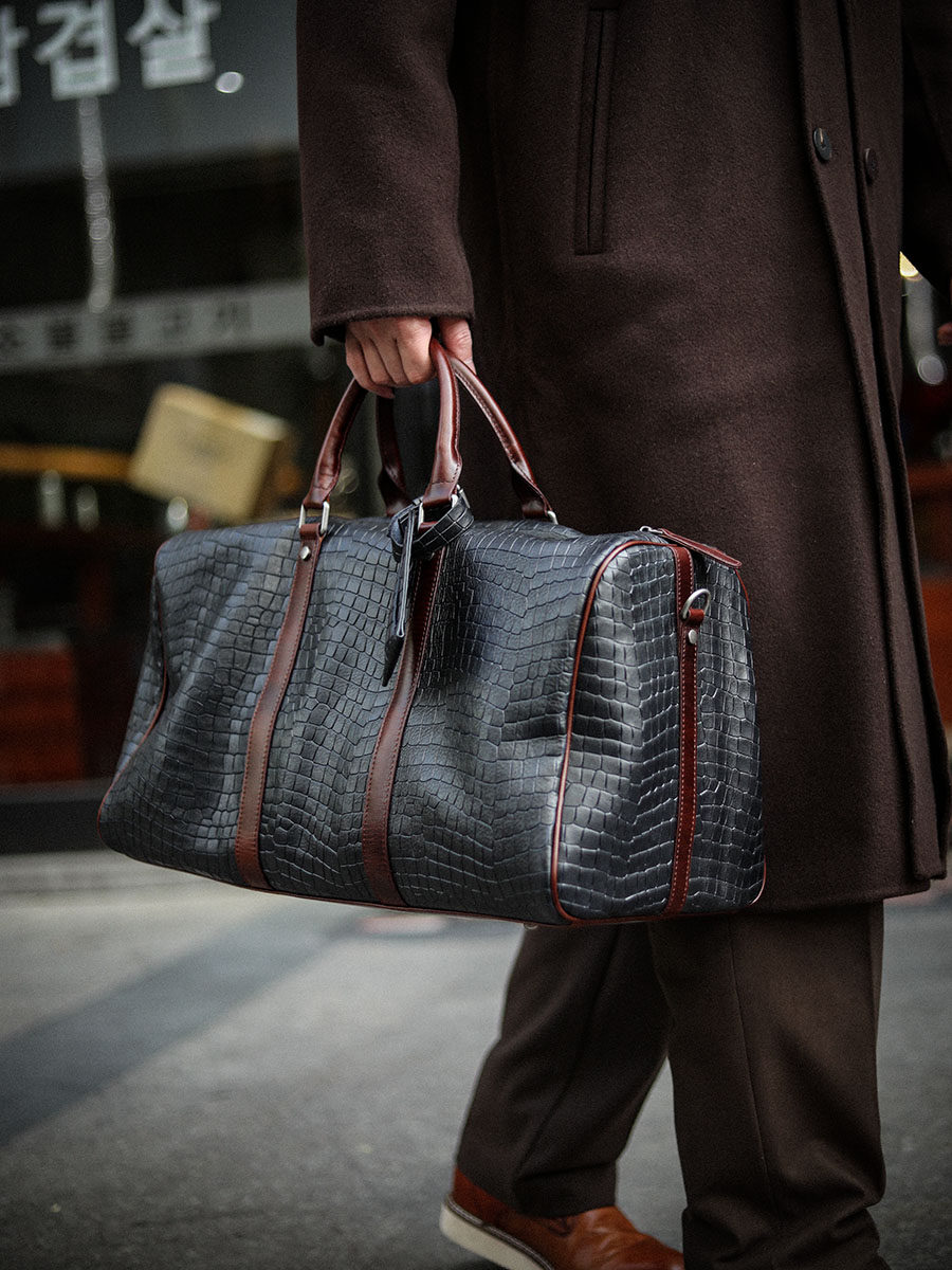 DEEPKEE A8149-1 男士真皮旅行包｜大容量出差行李袋｜鱷魚紋手提健身包｜便攜多功能男包