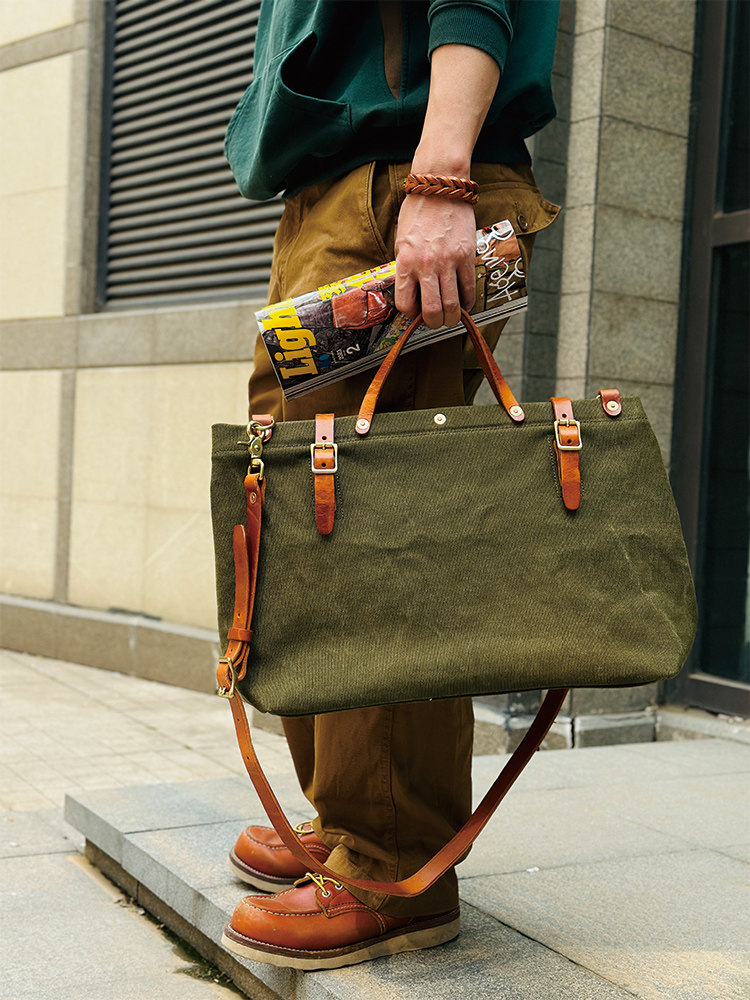 DEEPKEE美式復古重磅帆布包手工加厚Vintage拼皮托特包6560號
