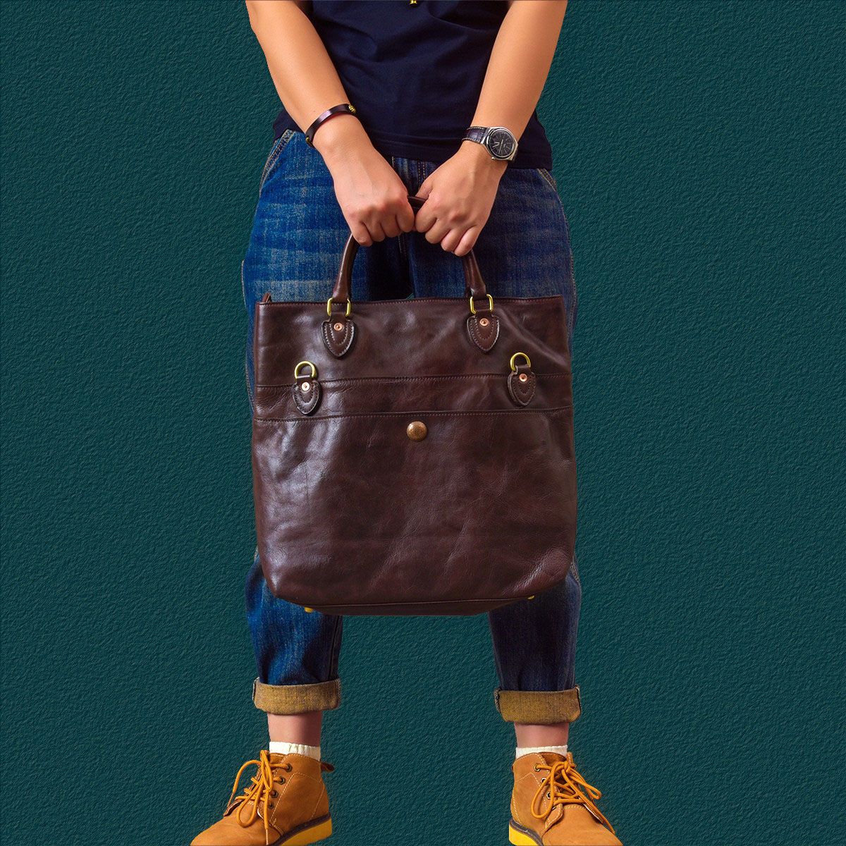 日系男士卡其風牛皮托特包2417號