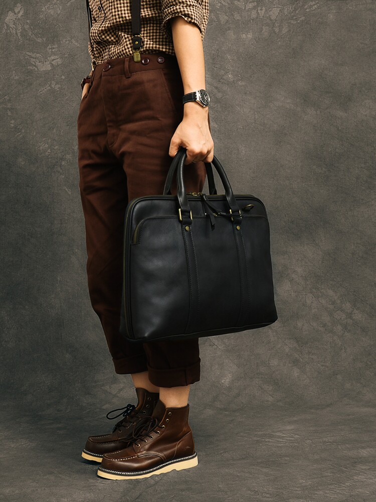 DEEPKEE 5196 號牛皮手提公文包｜復古手工 15 吋橫款 商務男士電腦包高檔真皮款