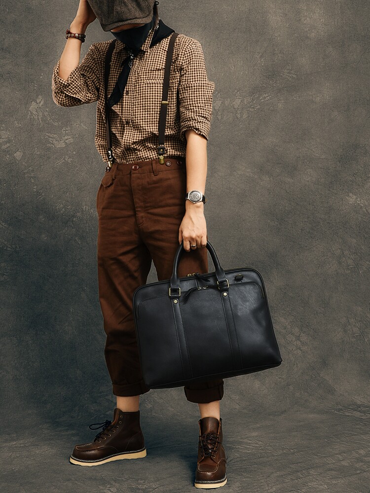 DEEPKEE 5196 號牛皮手提公文包｜復古手工 15 吋橫款 商務男士電腦包高檔真皮款