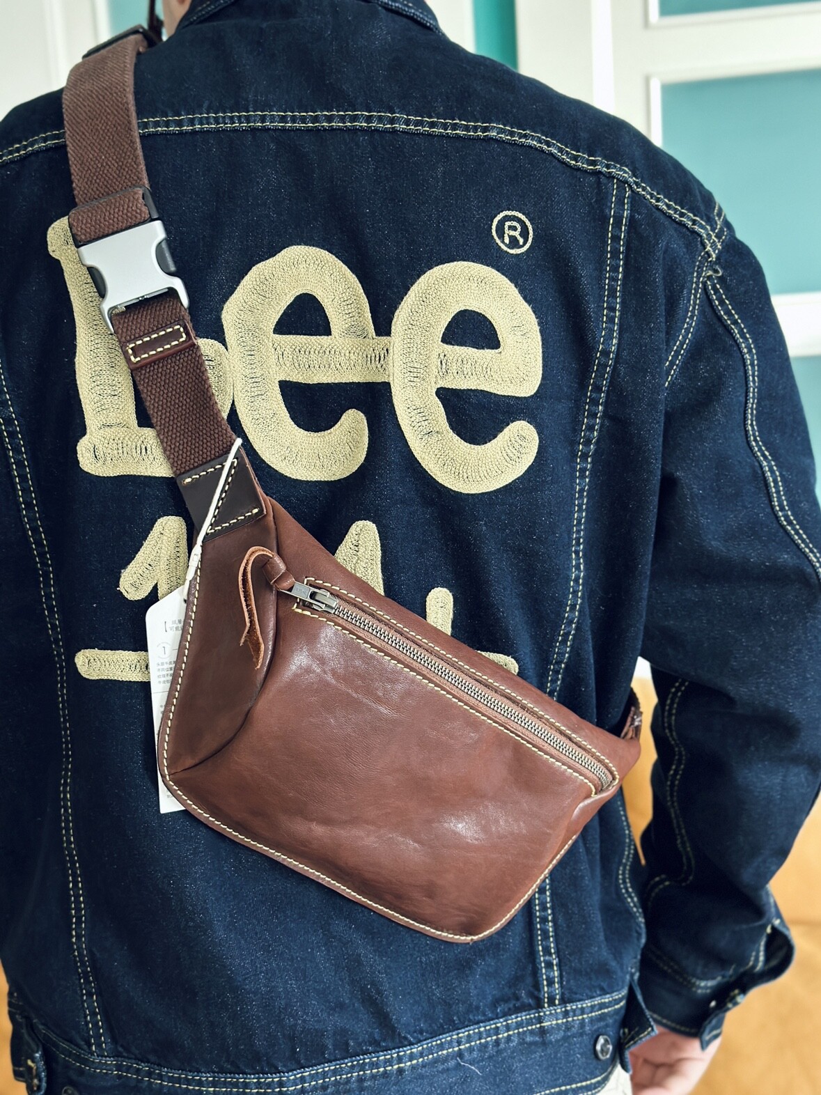 DEEPKEE頭層牛皮單肩斜背胸包腰包真皮拉鏈復古包6633號