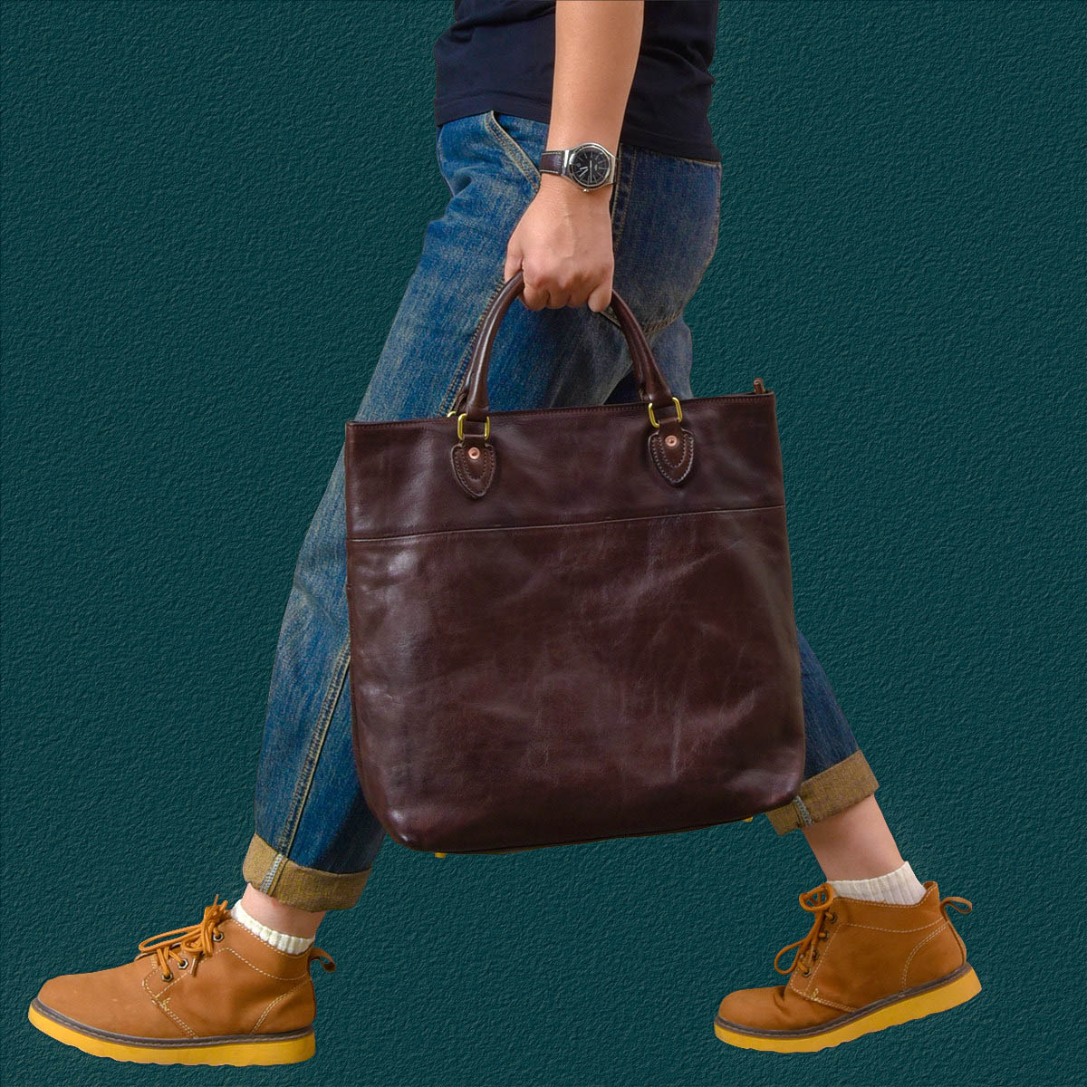 日系男士卡其風牛皮托特包2417號