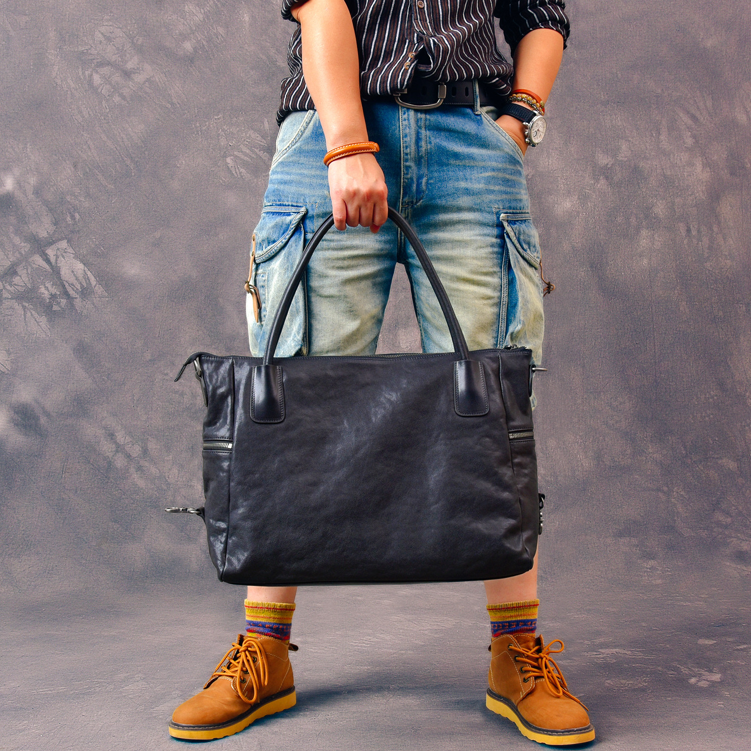 DEEPKEE 6505 號復古植鞣牛皮公文包｜大容納多功能 商務休閒兩相宜 真皮手提斜挎包