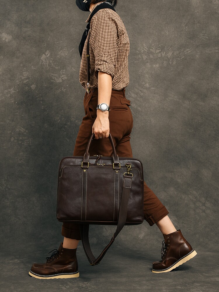 DEEPKEE 5196 號牛皮手提公文包｜復古手工 15 吋橫款 商務男士電腦包高檔真皮款