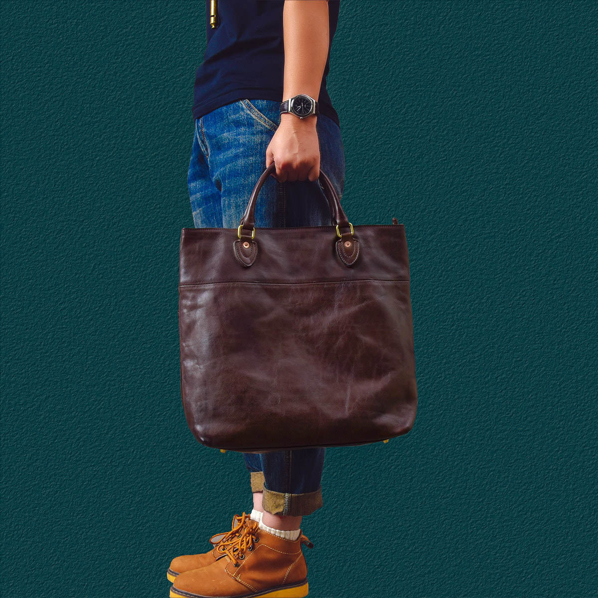 日系男士卡其風牛皮托特包2417號