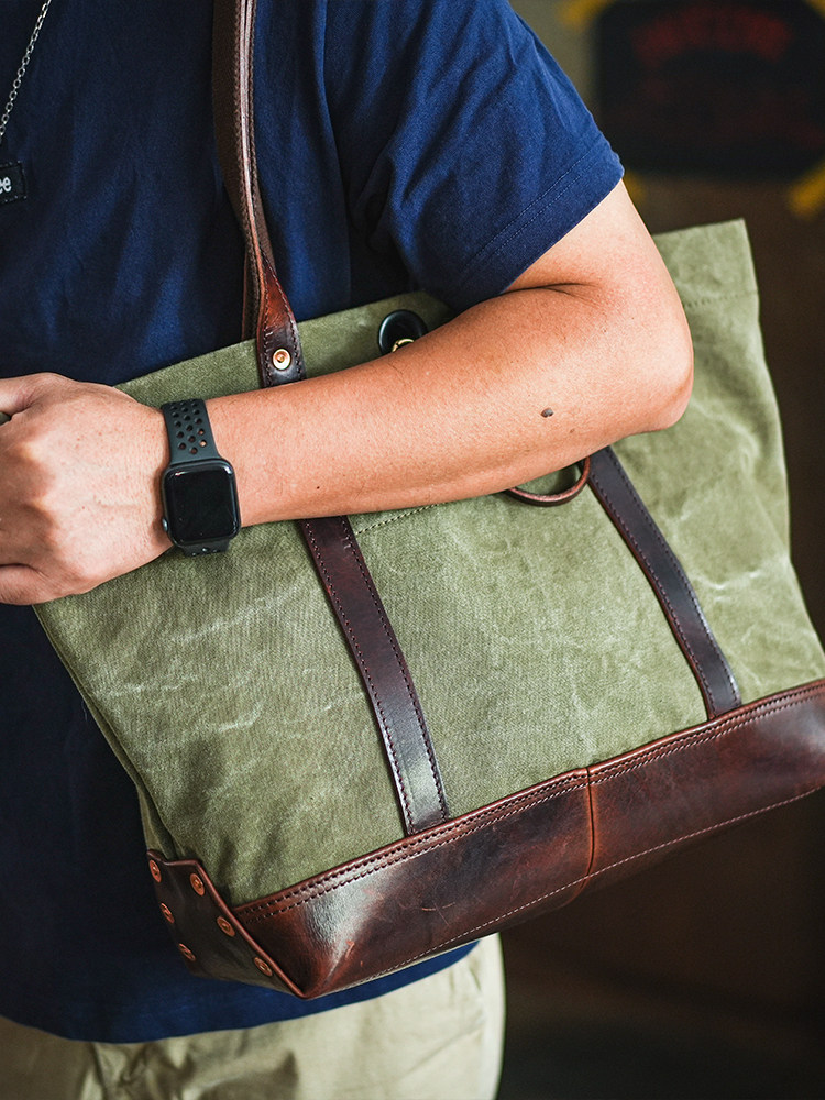 DEEPKEE 阿美咔嘰 真皮拼帆布 托特包 LB6509 號