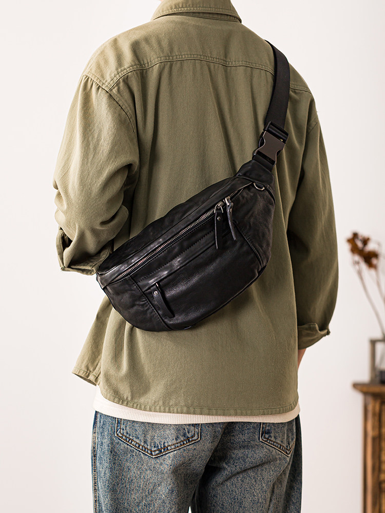 DEEPKEE真皮胸包男ins個性斜背百搭2401號