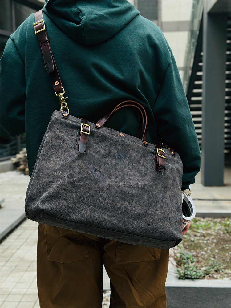 DEEPKEE美式復古重磅帆布包手工加厚Vintage拼皮托特包6560號