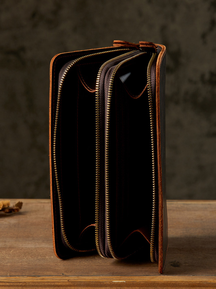 DEEPKEE雙拉鍊真皮手拿休閒錢包5554號