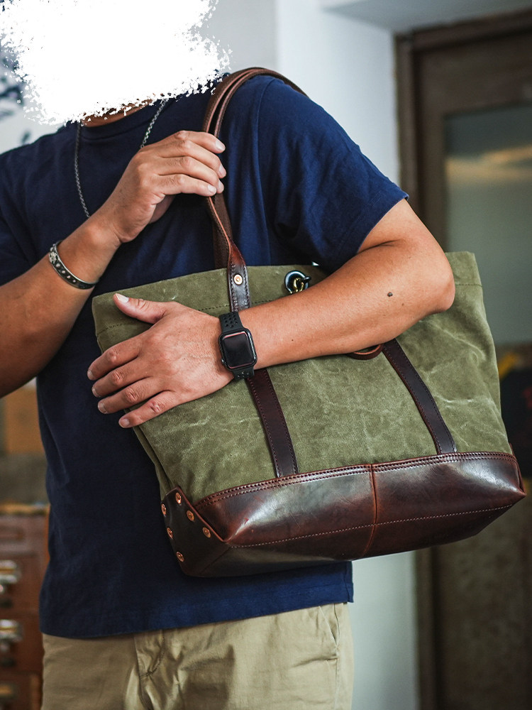 DEEPKEE 阿美咔嘰 真皮拼帆布 托特包 LB6509 號