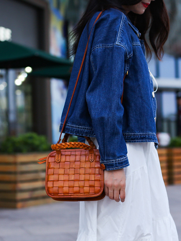 DEEPKEE 手工真皮編織包 頭層植鞣牛皮小方包 BZFB-001 號