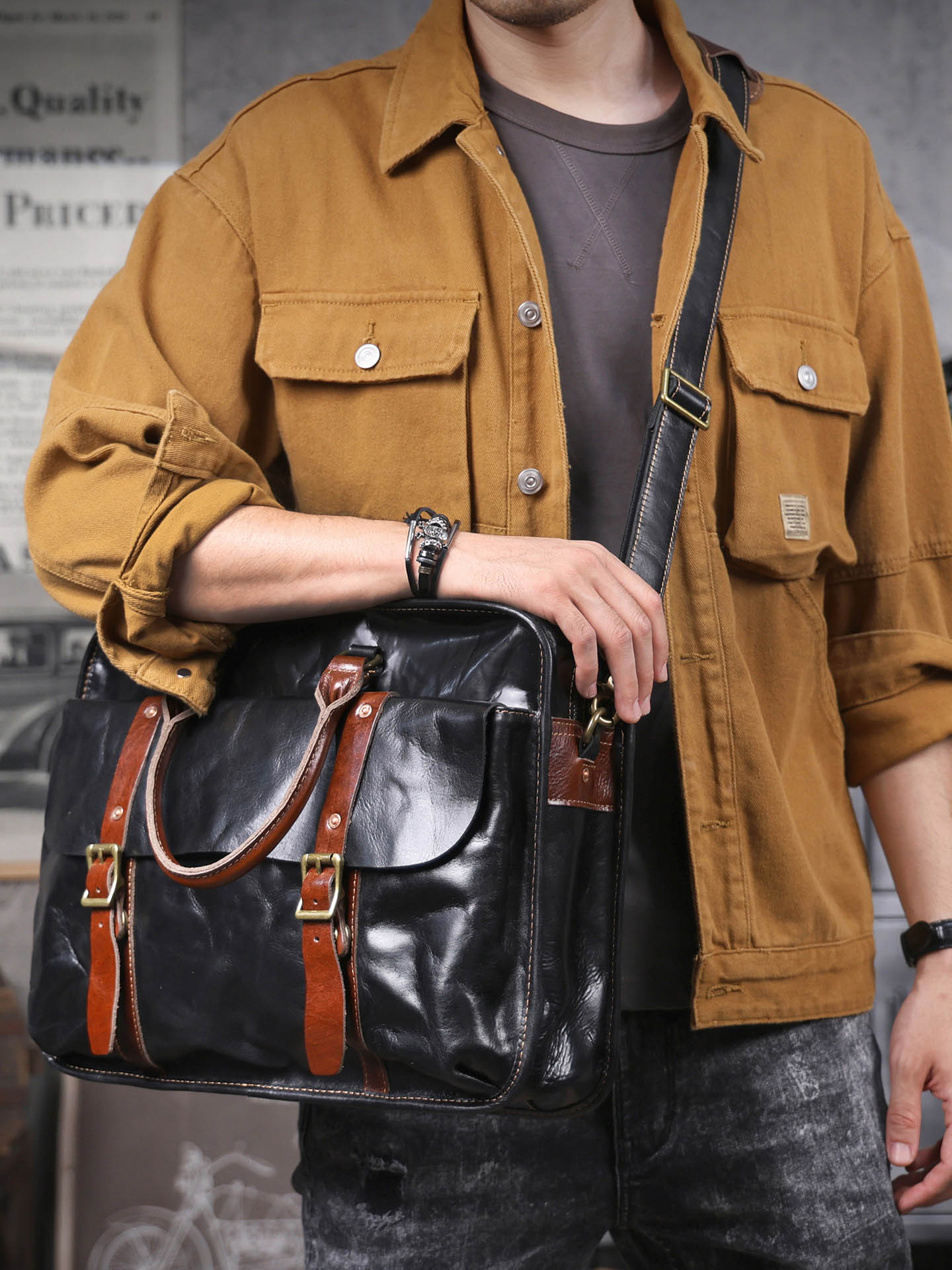 DEEPKEE 商務風手抓紋頭層牛皮公文包 7008 號