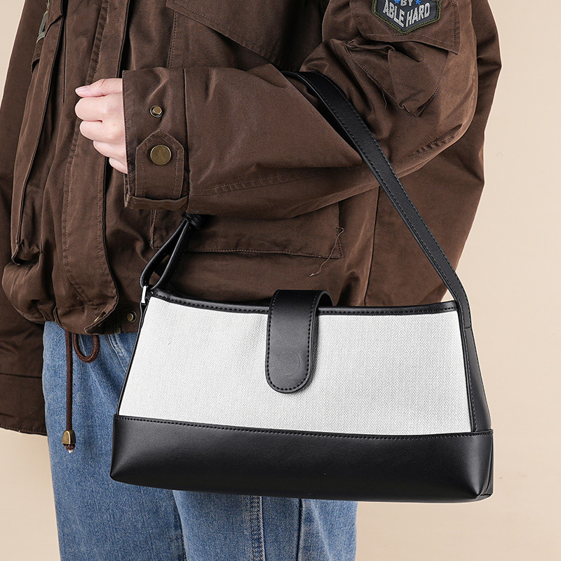 DEEPKEE 真皮女包韓國小眾帆布包撞色拼皮單肩時尚百搭手提包 H8809 號