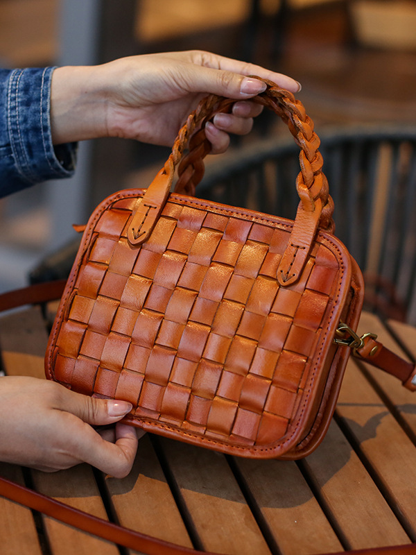 DEEPKEE 手工真皮編織包 頭層植鞣牛皮小方包 BZFB-001 號