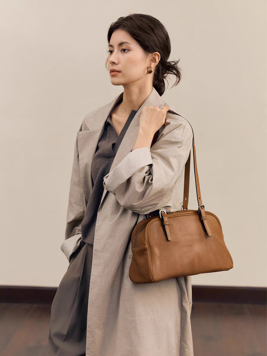 DEEPKEE 植鞣羊皮復古ボウリ女款真皮單肩包 ZA67578 號