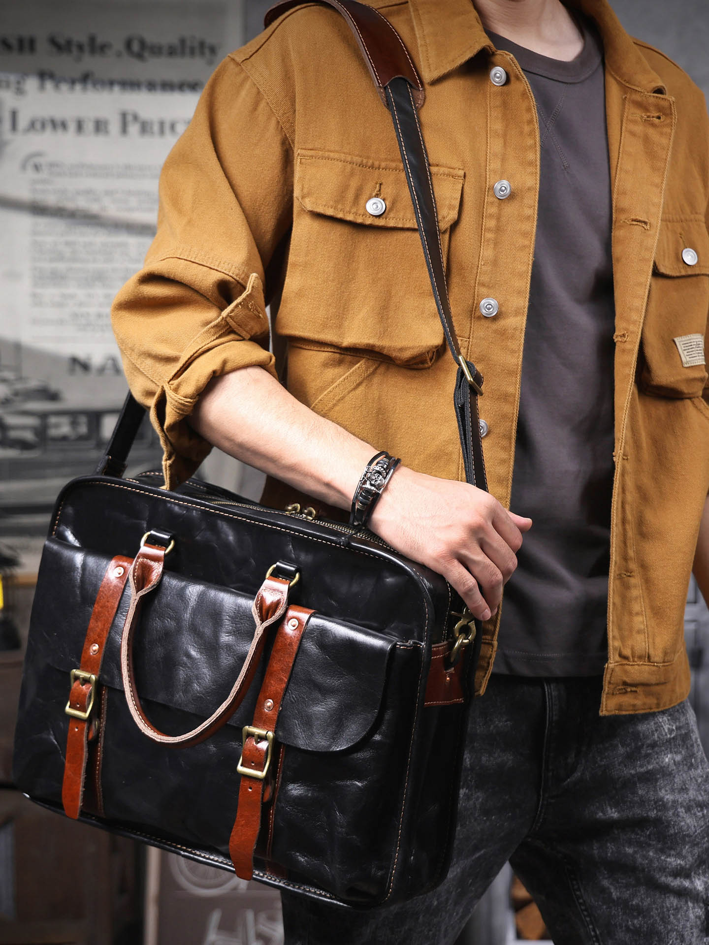 DEEPKEE 商務風手抓紋頭層牛皮公文包 7008 號