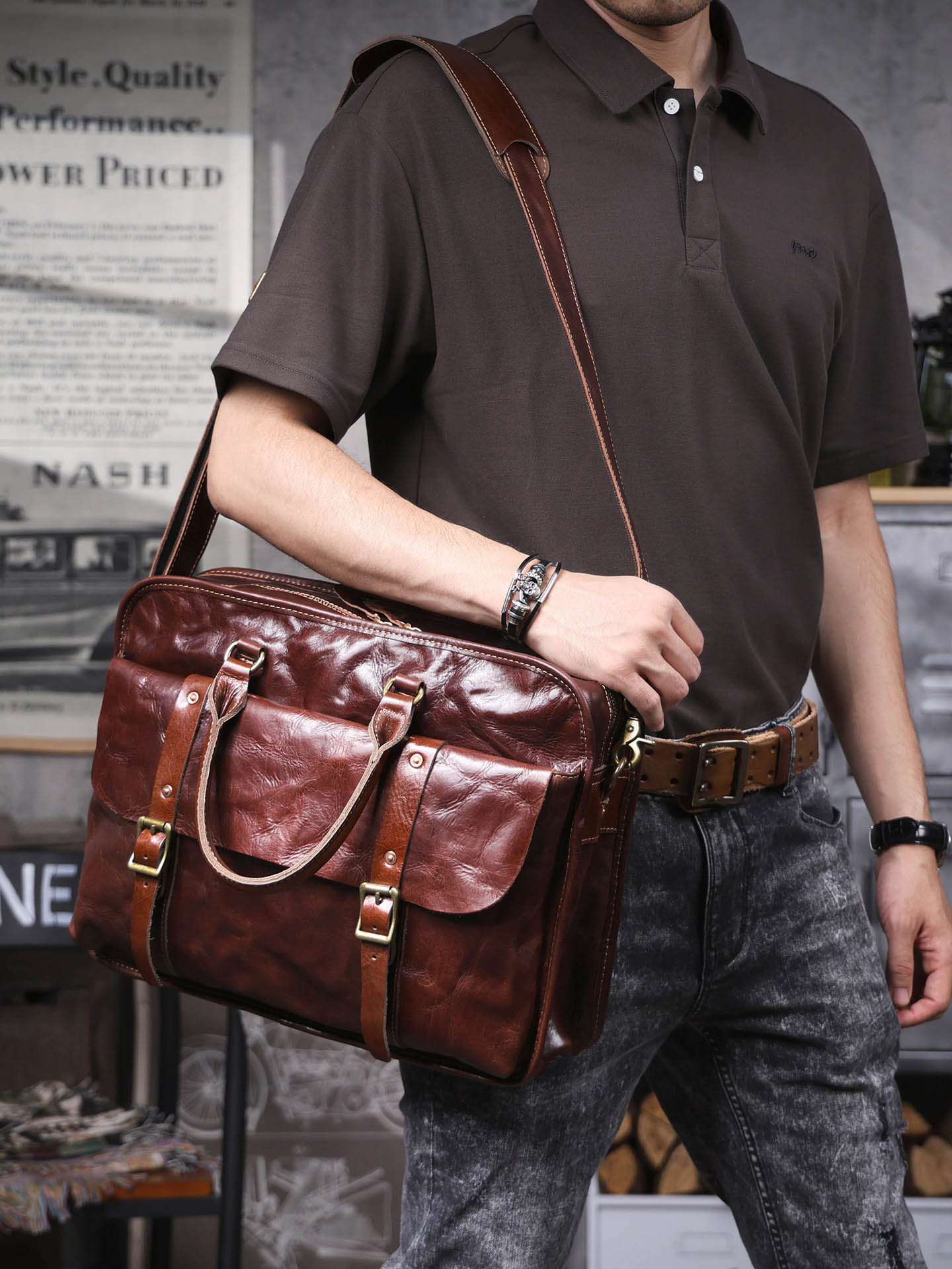 DEEPKEE 商務風手抓紋頭層牛皮公文包 7008 號