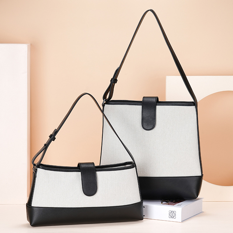 DEEPKEE 真皮女包韓國小眾帆布包撞色拼皮單肩時尚百搭手提包 H8809 號