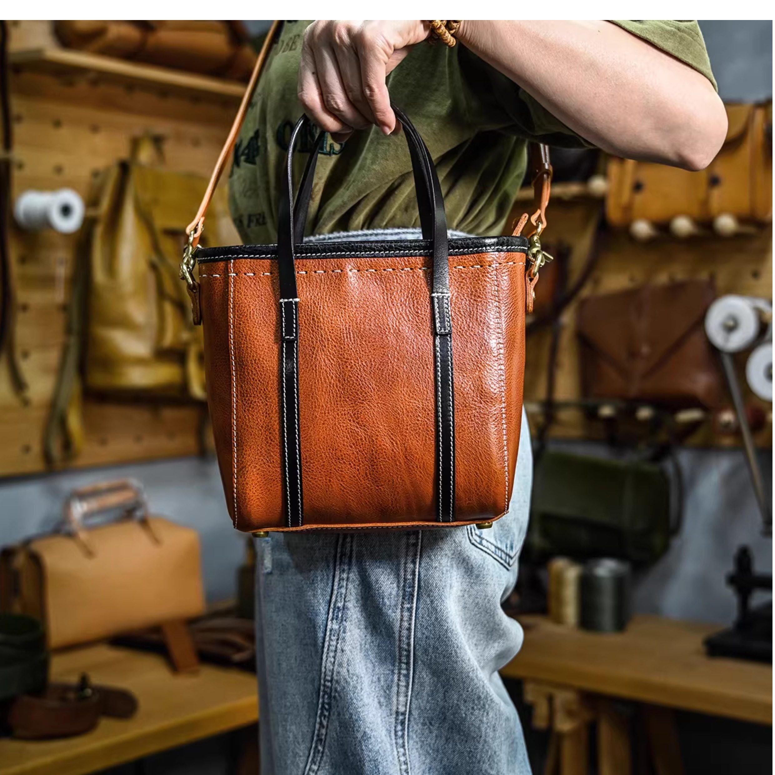 DEEPKEE 植鞣牛皮小托特包 355 號 單肩斜挎手提三用