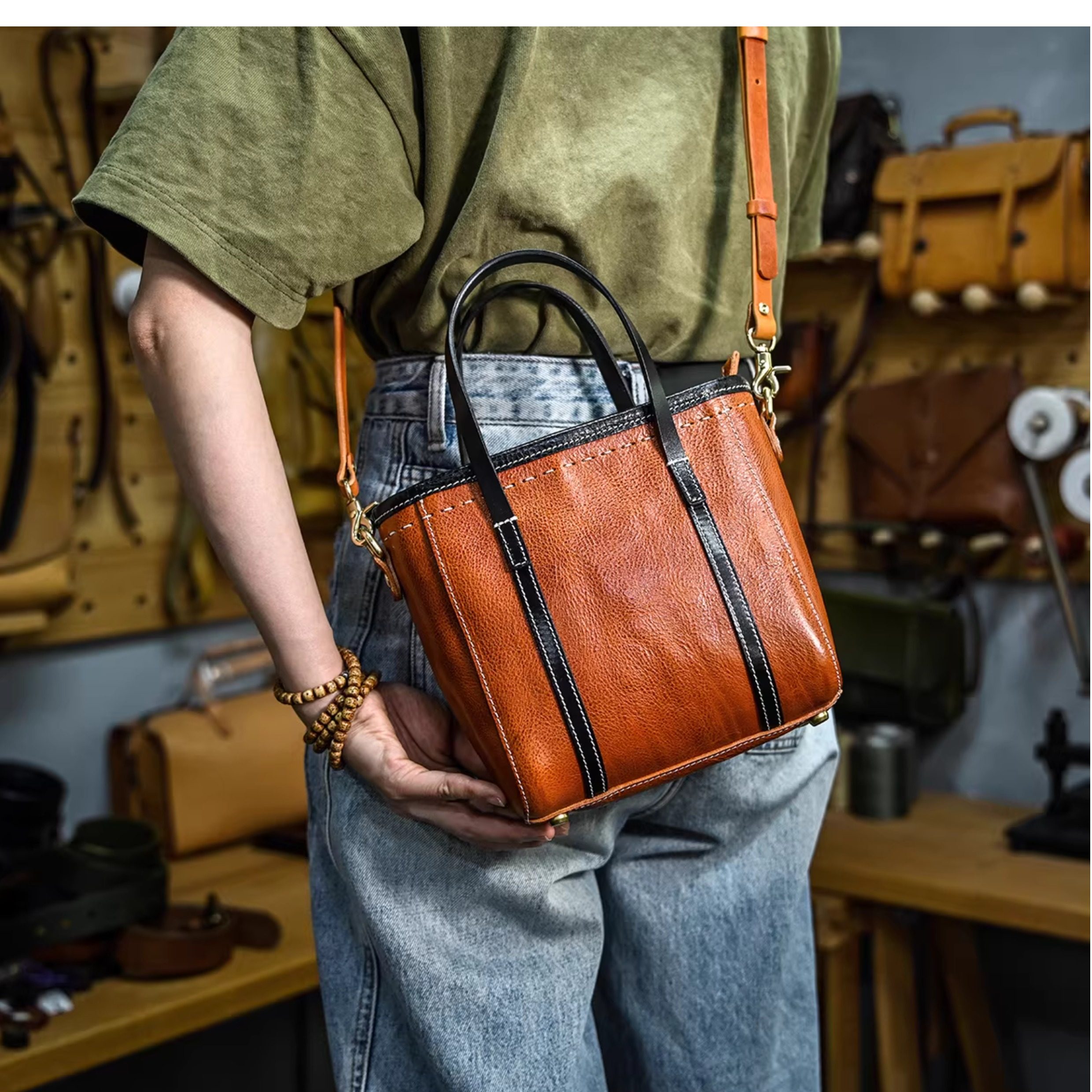 DEEPKEE 植鞣牛皮小托特包 355 號 單肩斜挎手提三用