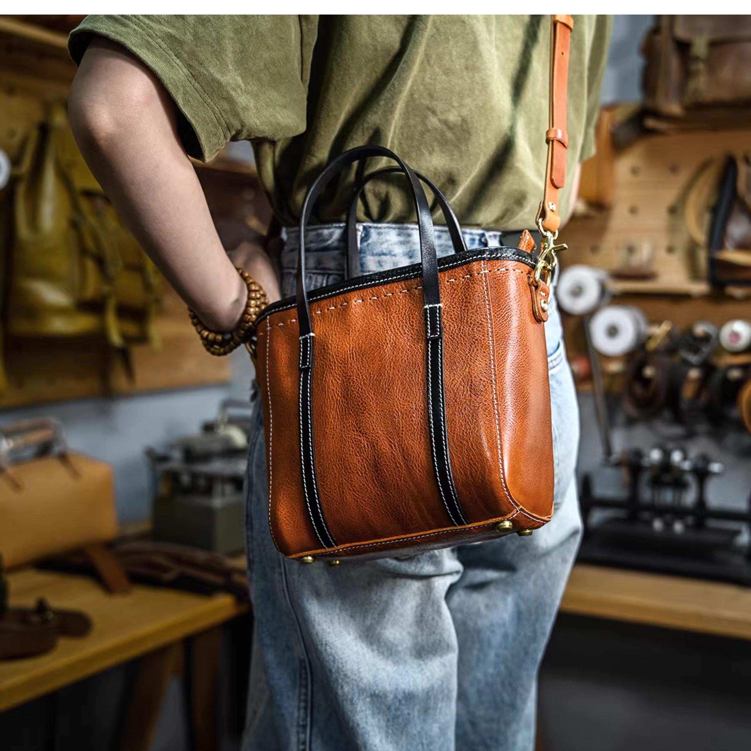 DEEPKEE 植鞣牛皮小托特包 355 號 單肩斜挎手提三用