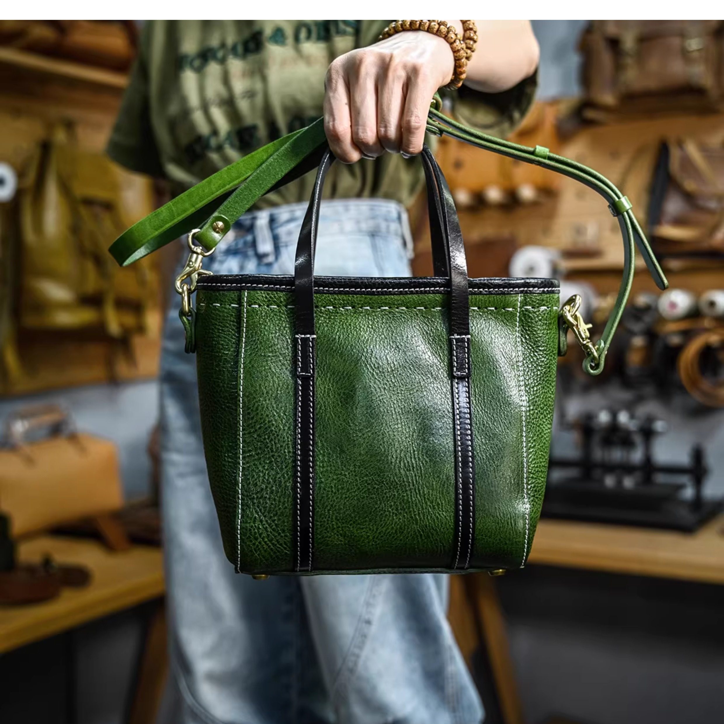 DEEPKEE 植鞣牛皮小托特包 355 號 單肩斜挎手提三用