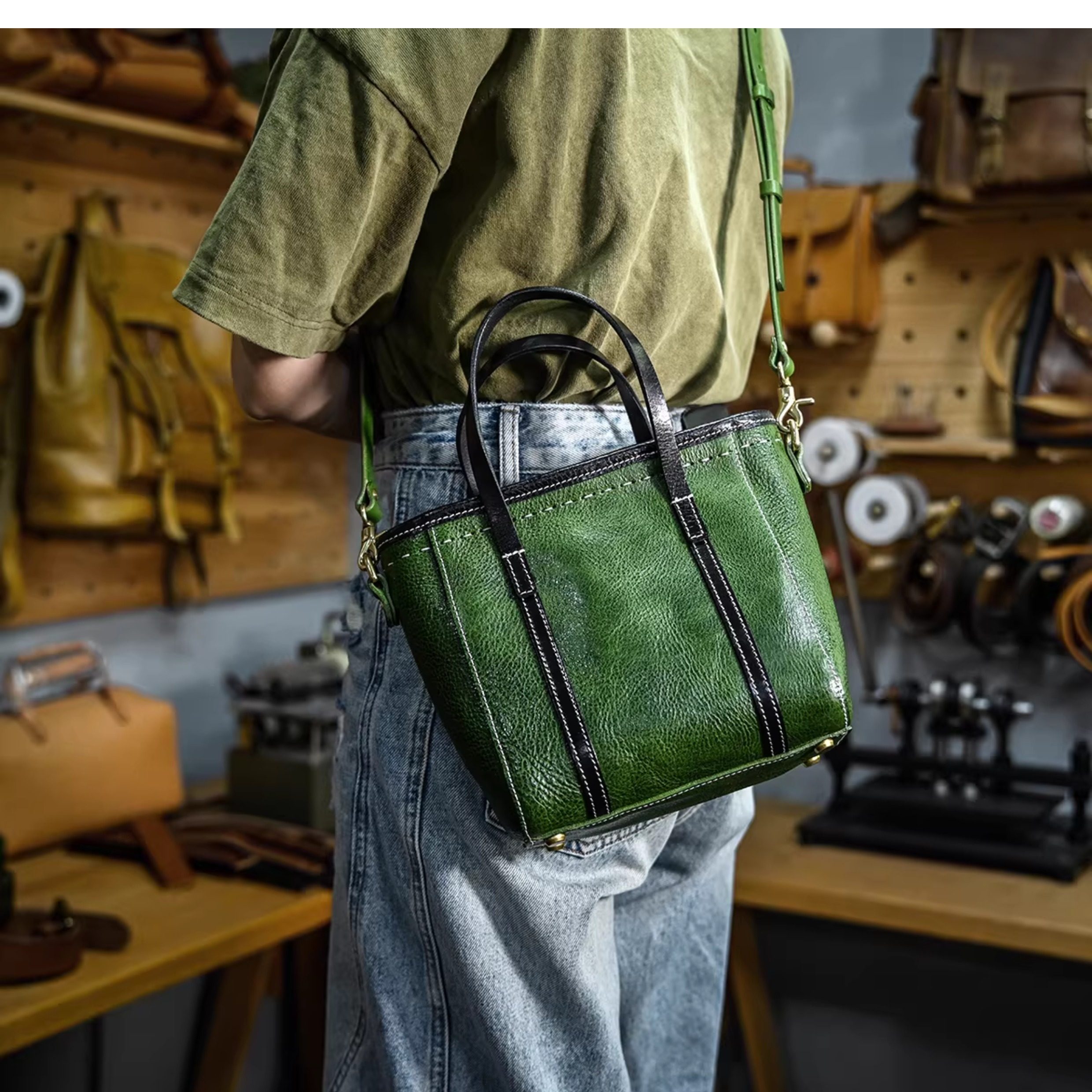 DEEPKEE 植鞣牛皮小托特包 355 號 單肩斜挎手提三用