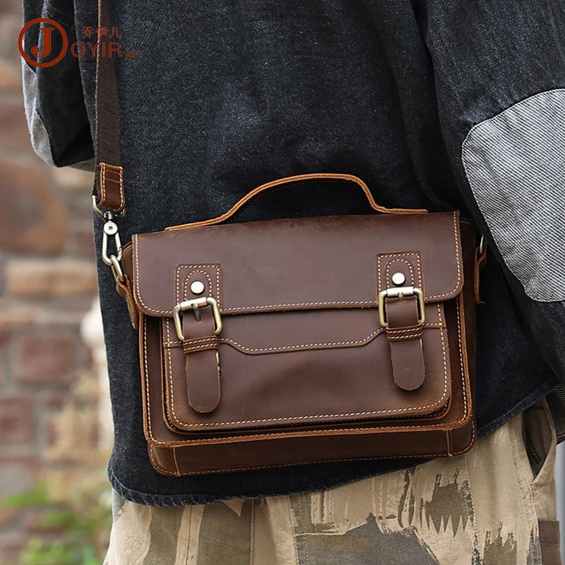 Brown Small Leather Satchel Side Bag 8 inches Messenger Bag Crossbody Purse for Men