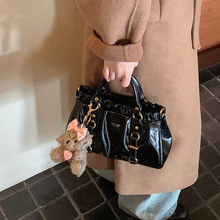 DEEPKEE-黑皮大小姐托特包復古褶皺手提包 CD33385號