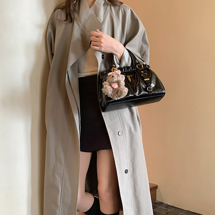 DEEPKEE-黑皮大小姐托特包復古褶皺手提包 CD33385號