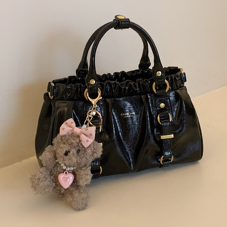 DEEPKEE-黑皮大小姐托特包復古褶皺手提包 CD33385號