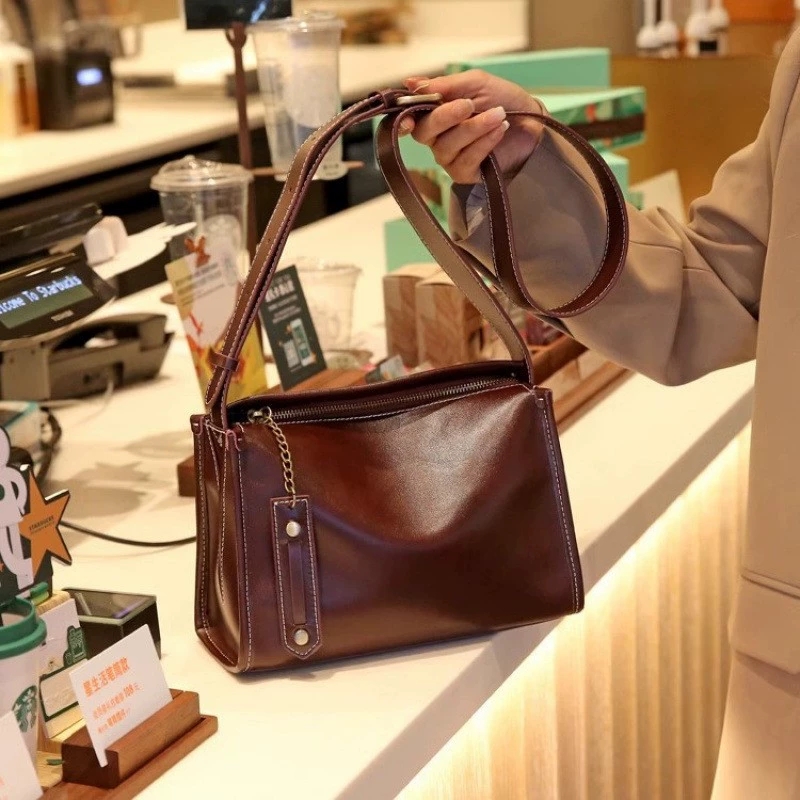 DEEPKEE-牛皮女包法式百搭小眾單肩包 77168 號