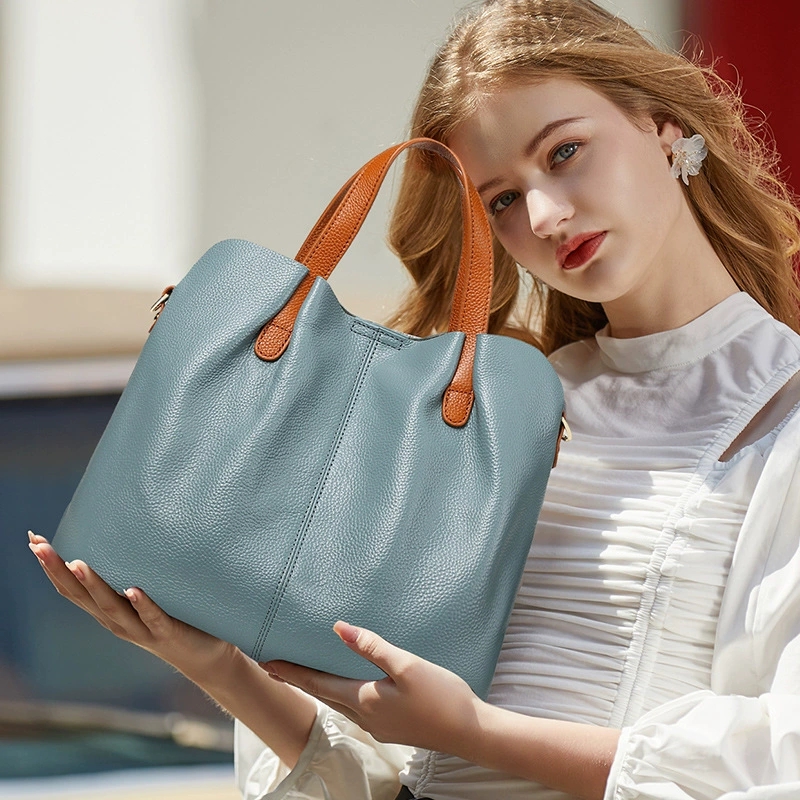 DEEPKEE-撞色頭層牛皮女包小眾斜挎手提包包 M156 號