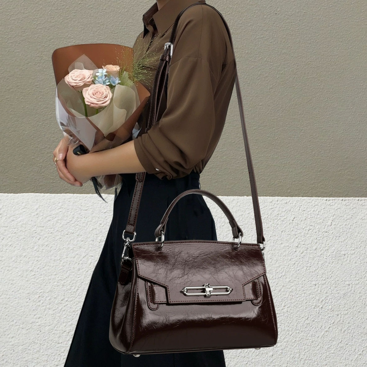 DEEPKEE 真皮凱莉包女士高級輕奢單肩包通勤簡約手提女包 88-11 號