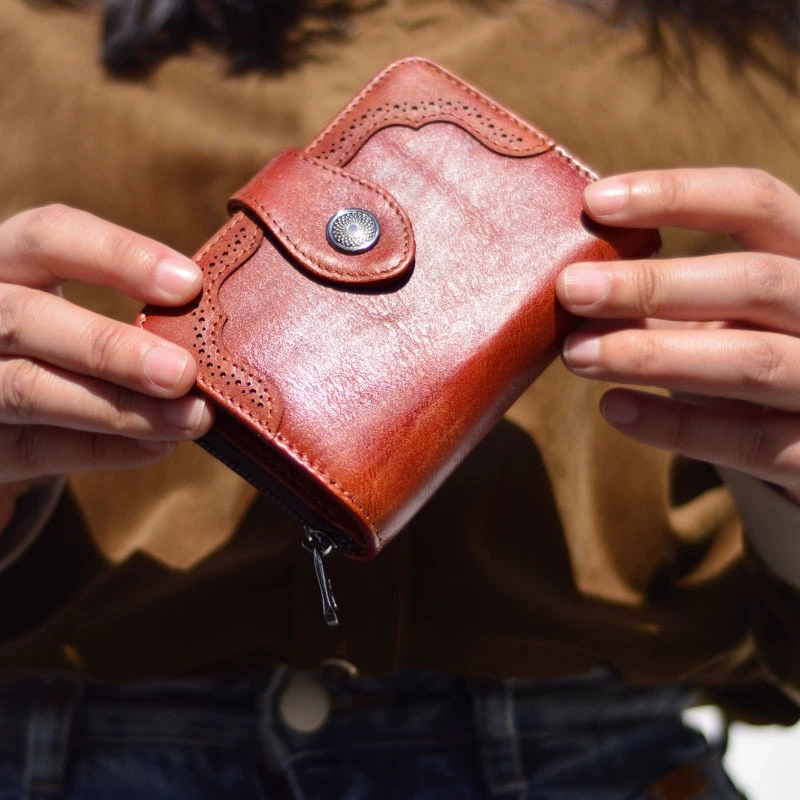 DEEPKEE 復古女士短款錢包拉鍊真皮錢夾 8805 號