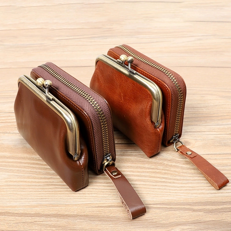 DEEPKEE 真皮女士復古零錢包卡包硬幣包頭層牛皮收納包 Q051 號