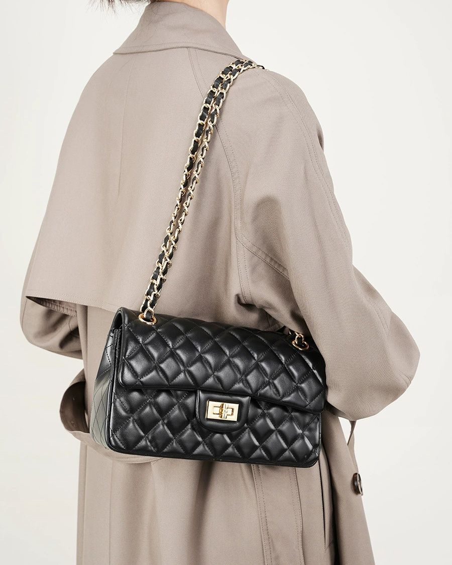 DEEPKEE 頭層牛皮鏈條菱格單肩斜挎真皮小方包 2382 號