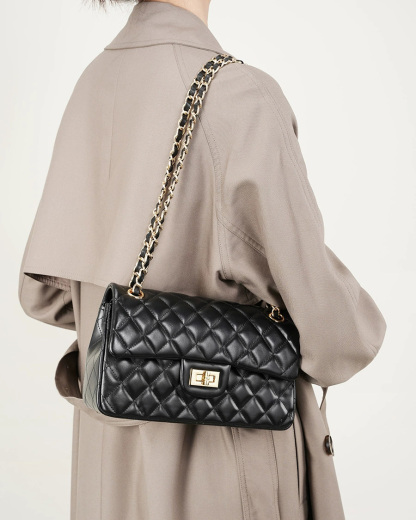 DEEPKEE 頭層牛皮鏈條菱格單肩斜挎真皮小方包 2382 號