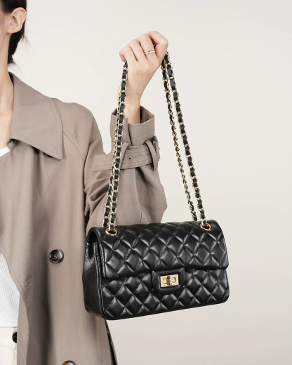 DEEPKEE 頭層牛皮鏈條菱格單肩斜挎真皮小方包 2382 號