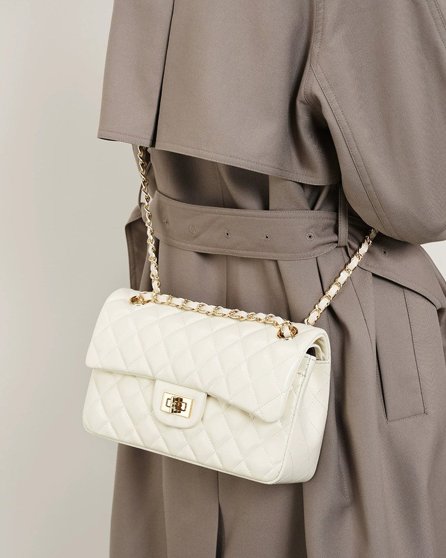 DEEPKEE 頭層牛皮鏈條菱格單肩斜挎真皮小方包 2382 號