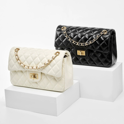 DEEPKEE 頭層牛皮鏈條菱格單肩斜挎真皮小方包 2382 號